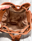 Tan cowhide & leather drawstring Crossbody kids-bag