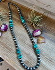 NFR Collection Necklace – 8mm, 10mm & 14mm Sterling Silver Pearls with Turquoise – Handmade by The Bijoux FAB – 37"