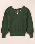 Bow Back Lantern Sleeve V-Neck Sweater
