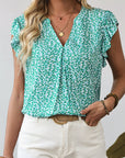 Leopard Ruffle Notched V-Neck Blouse