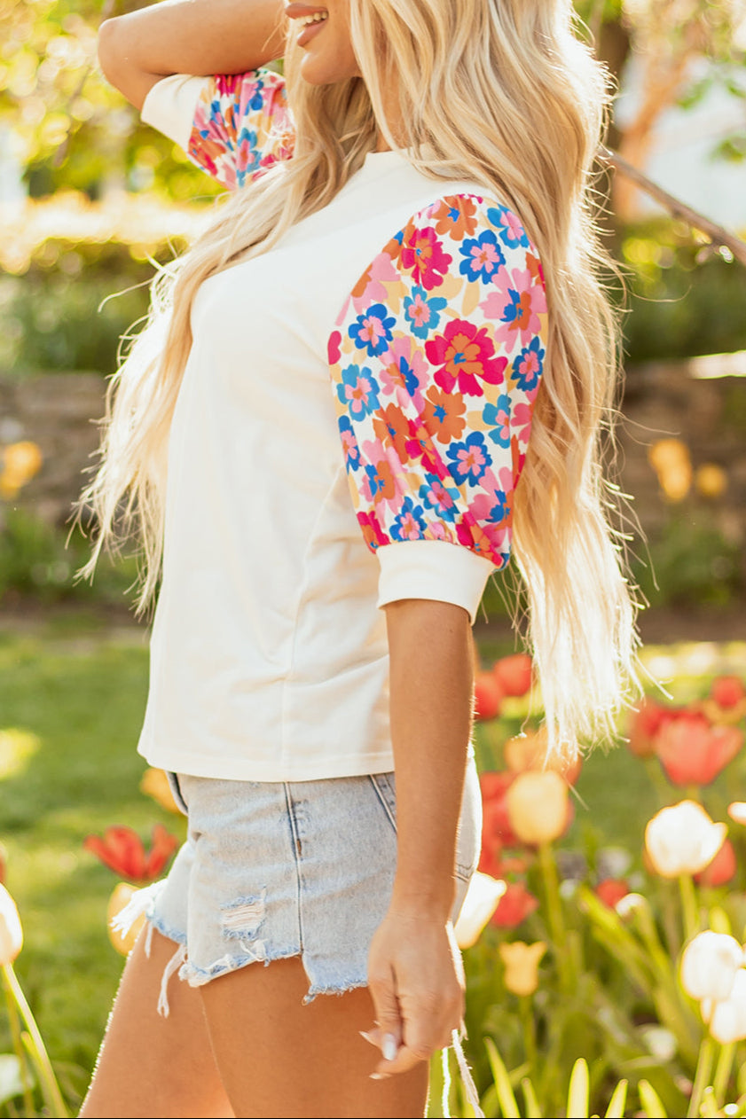 Floral Patchwork Puff Sleeve Blouse