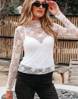 Myla Sheer Floral Lace Mesh Mock Neck Long Sleeve Top