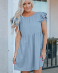 Ellis Flutter Sleeve Ruched Denim Casual Dress