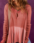 Giselle Exposed Seam Slit Neck Waffle Knit Patchwork Top
