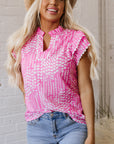 Cynthia Ric Rac Trim Flutter Sleeve Notch V Neck Blouse