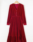 Olivia Velvet Buttoned Puff Sleeve V Neck Split Midi Dress