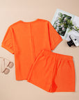 Textured V Neck T Shirt and Shorts Set