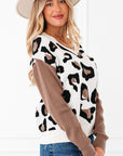 Leopard Colorblock Drop Shoulder V-Neck Sweater