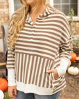 Brown Stripe Quarter Buttons Drop Sleeve Plus Size Hoodie