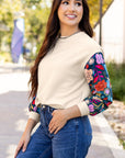 Floral Sleeve Textured Knit Drop Shoulder Top