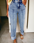 Solid Center-Seam High Waist Straight Jeans