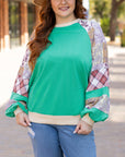 Sky Blue Plus Size Plaid Floral Patchwork Raglan Sleeve Sweatshirt