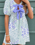 Leopard Contrast Bow Puff Sleeve Dress