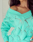 Hollow-Out Knit V-Neck Drop Shoulder Sweater