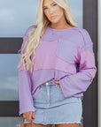Colorblock Waffle Knit Patchwork Long Sleeve Top