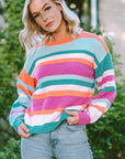 Stripe Knit Drop Shoulder Puff Sleeve Sweater