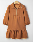 Textured Quarter Zip Collar 3/4 Sleeve Mini Dress