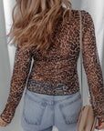 Leopard Sheer Mesh V-Neck Lace-up Top