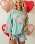 Valentine Heart Plaid Floral Patchwork Long Sleeve Top