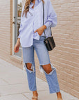 Stripe Smocked Cuff Buttoned Shirt