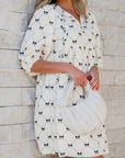 Bow Textured Puff Sleeve Mini Dress