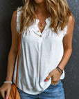 Savan Button Split Neck Ruffled Trim Tank Top