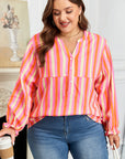 Plus Size Stripe Crinkled Half-Button V-Neck Blouse