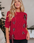 Christmas Plaid Lace-Up Puff Sleeve Sweater