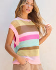 Jamie Stripe Crochet Cap Sleeve Loose Fit Sweater Top