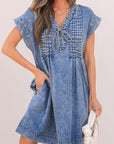 Jacqueline Tie V Neck Denim Shift Dress