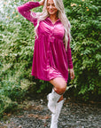 Velvet Button-Up Long Sleeve Ruffle Dress