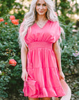 Nora Ruched Sleeve V Neck Smock Waist Tiered Ruffled Dress