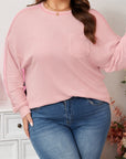 Plus Size Solid Ribbed Reverse Seam Chest Pocket Top