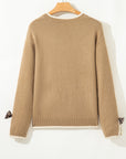 Leopard Bow Split Cuff Contrast Trim Sweater