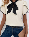 Stripe Contrast Bow Neckline Blouse