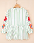 Ashley Stripe Flower Puff Sleeve V Neck Babydoll Blouse