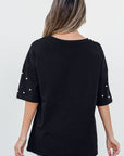 Demi Pearl Beaded Drop Shoulder Crewneck Top
