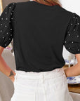 Pearl Beaded Ribbed Puff Sleeve Top