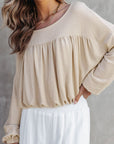 Solid Ribbed Knit Pleated Long Sleeve Top