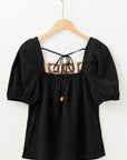 DAVINA CROCHET SQUARE NECK TEXTURED SHORT SLEEVE BLOUSE