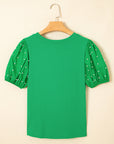 Pearl Beaded Ribbed Puff Sleeve Top