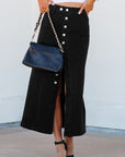 Emberlynn Button Fly Side Split High Waist Denim Midi Skirt