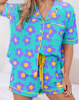 Flower Print Buttoned Shirt And Drawstring Waist Pajama Set