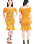 Artisanal Embroidered Dress 100% Cotton Mustard 604008