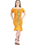 Artisanal Embroidered Dress 100% Cotton Mustard 604008