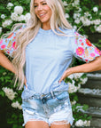 Pearl Gingham Floral Embroidered Puff Sleeve Blouse