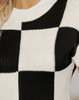 Checker Colorblock Crewneck Short Sleeve Sweater