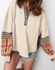 Stripe Plaid Patchwork Waffle Knit Henley Top