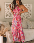 Malaysia Floral Print Shirred One Shoulder Maxi Dress