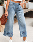 Solid Denim Embroidered Wide Leg Jeans